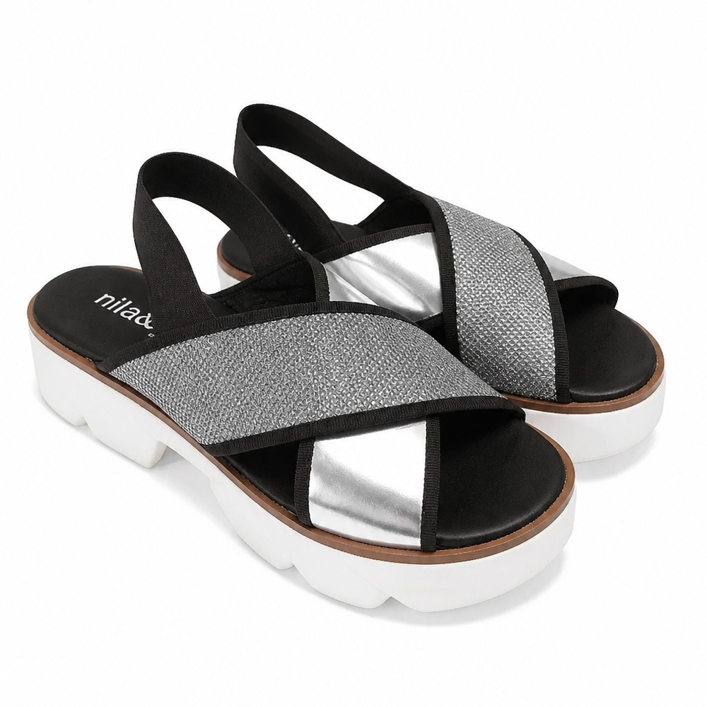 Nila & Nila Women’s Silver Metallic Soft Leather Crisscross Platform Sandal